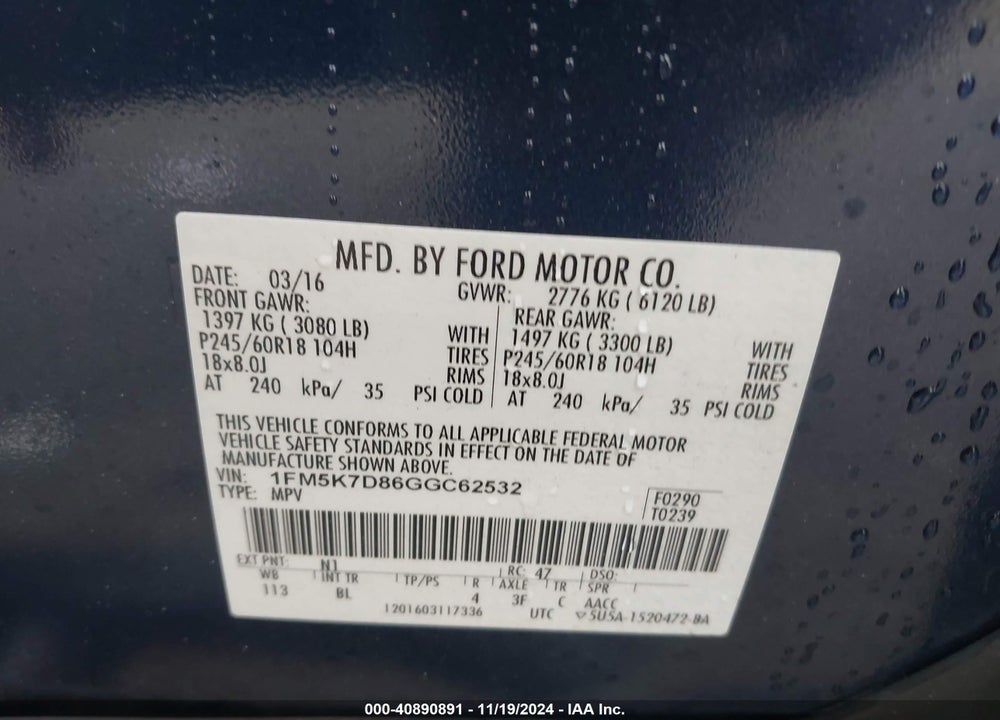 2016 FORD EXPLORER XLT VIN: 1FM5K7D86GGC62532