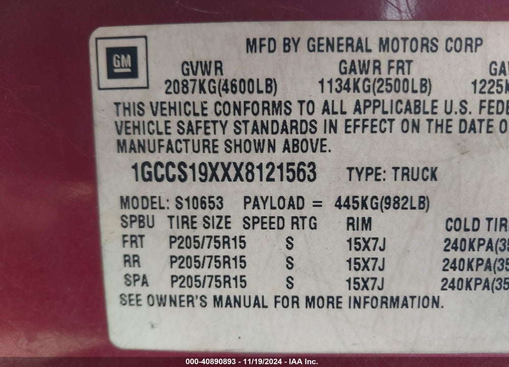 1999 CHEVROLET S-10 LS VIN: 1GCCS19XXX8121563