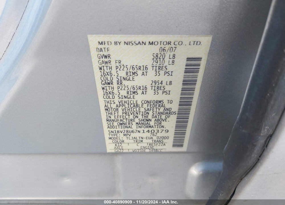 2007 NISSAN QUEST 3.5 SL VIN: 5N1BV28U67N140379