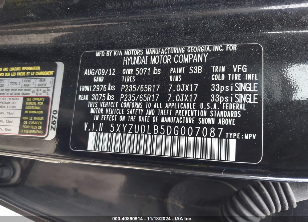 2013 HYUNDAI SANTA FE SPORT VIN: 5XYZUDLB5DG007087