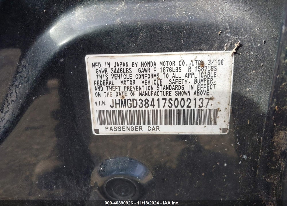 2007 HONDA FIT VIN: JHMGD38417S002137