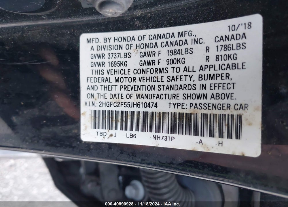 2018 HONDA CIVIC LX VIN: 2HGFC2F55JH610474
