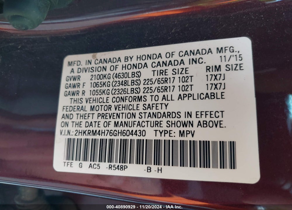 2016 HONDA CR-V EX-L VIN: 2HKRM4H76GH604430