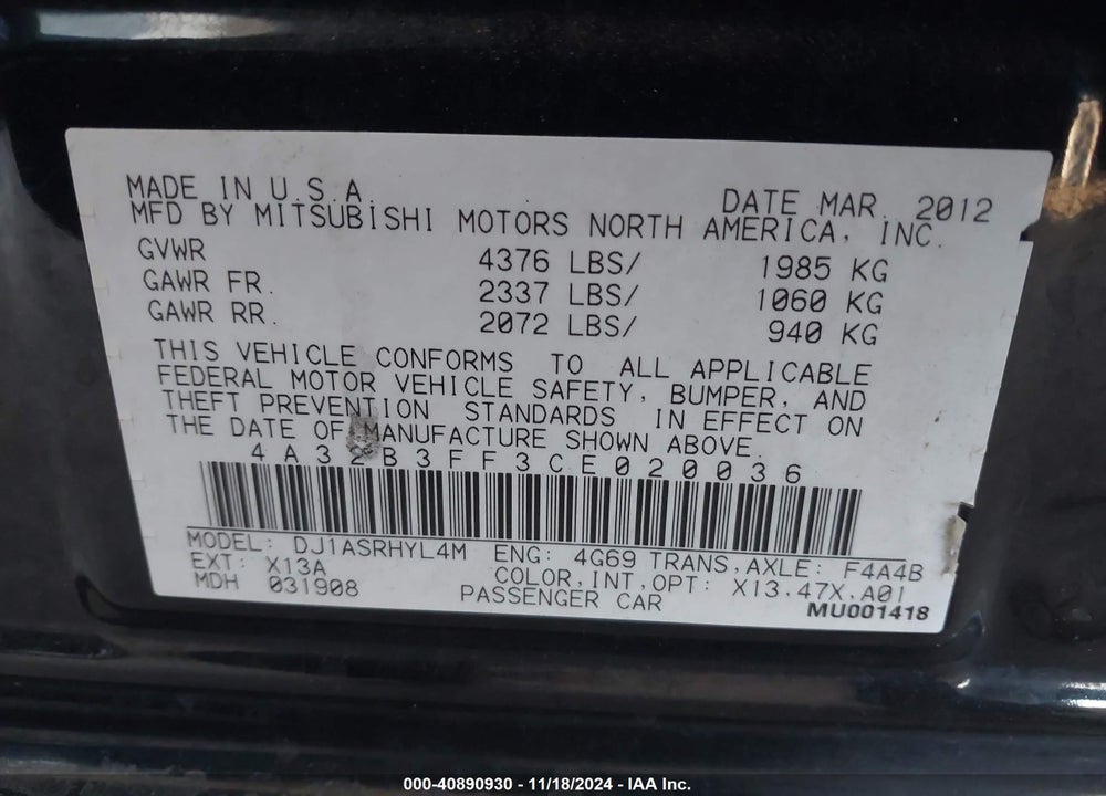 2012 MITSUBISHI GALANT ES/SE VIN: 4A32B3FF3CE020036