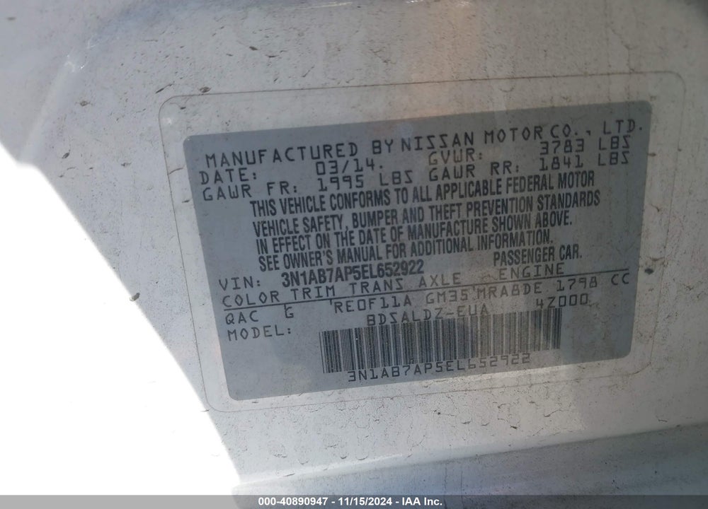 2014 NISSAN SENTRA FE+ S/FE+ SV/S/SL/SR/SV VIN: 3N1AB7AP5EL652922
