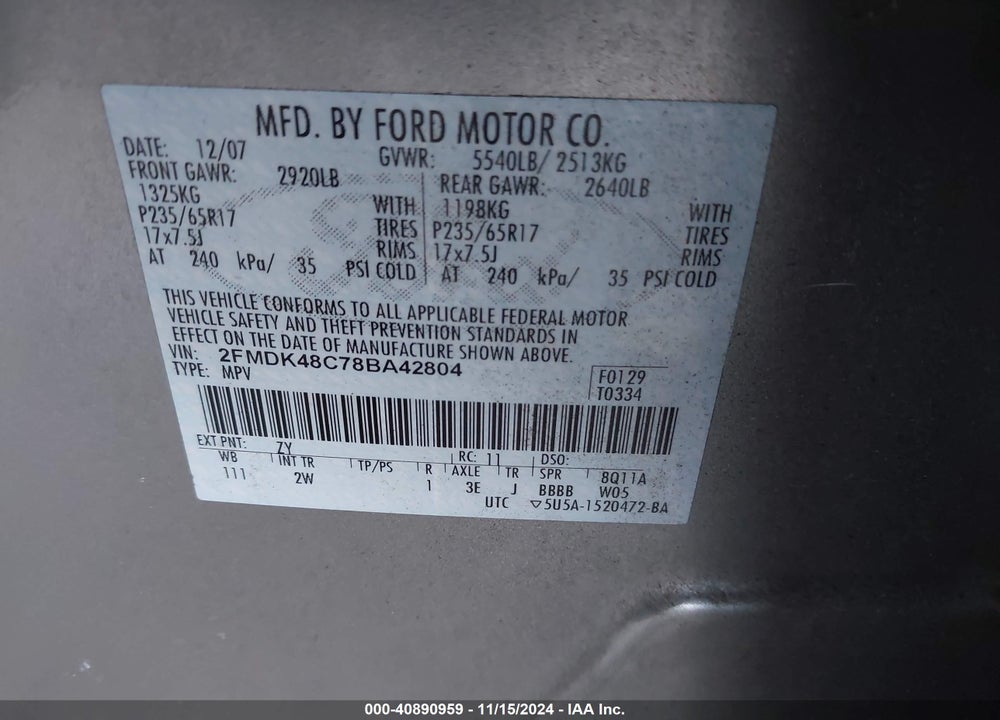2008 FORD EDGE SEL VIN: 2FMDK48C78BA42804