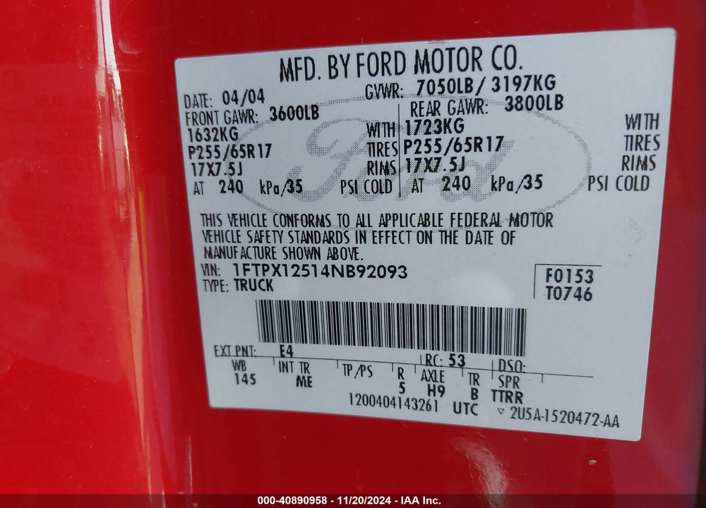 2004 FORD F-150 LARIAT/XL/XLT VIN: 1FTPX12514NB92093