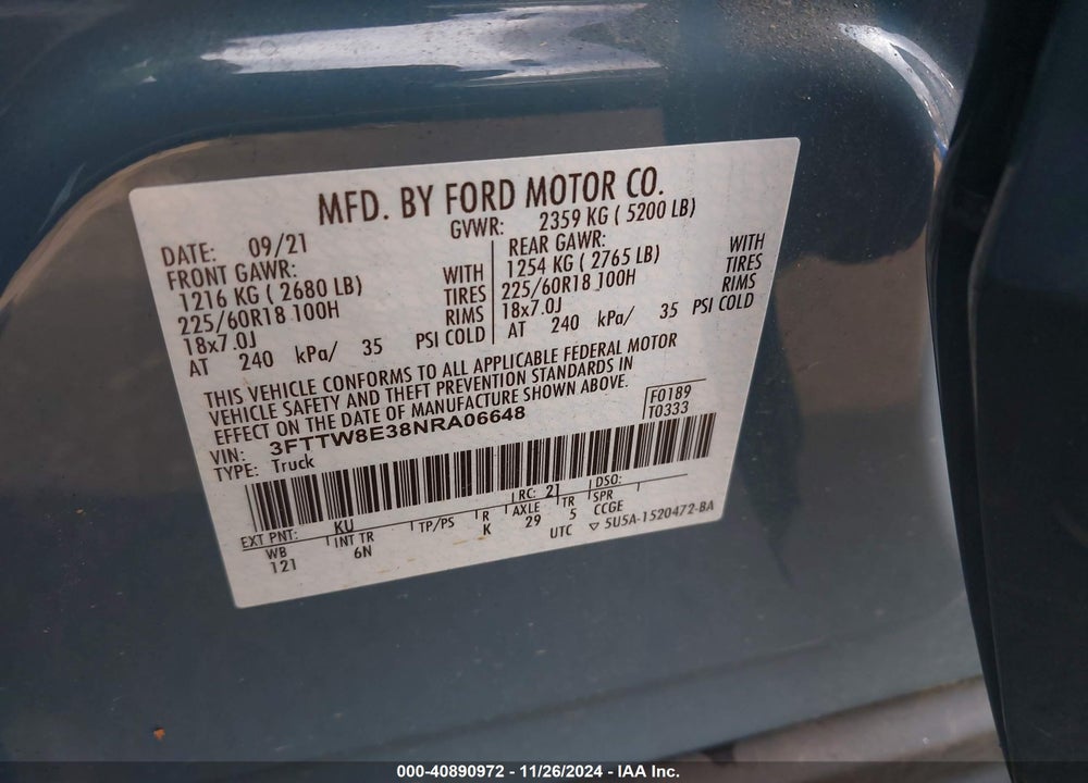 2022 FORD MAVERICK LARIAT VIN: 3FTTW8E38NRA06648