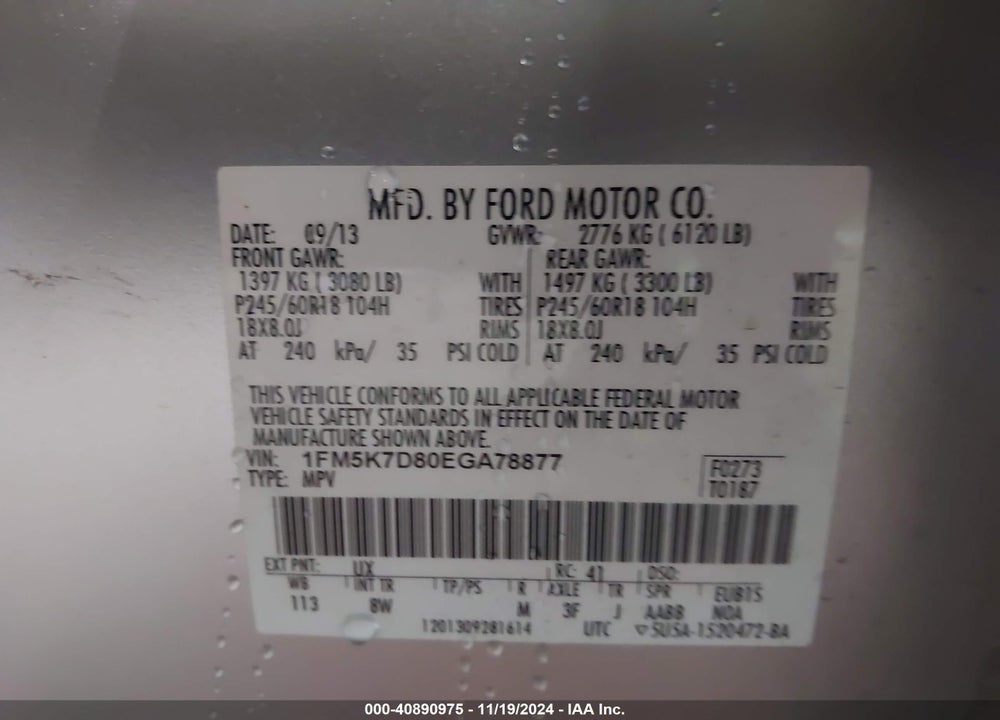2014 FORD EXPLORER XLT VIN: 1FM5K7D80EGA78877