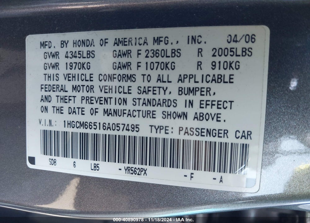 2006 HONDA ACCORD 3.0 EX VIN: 1HGCM66516A057495