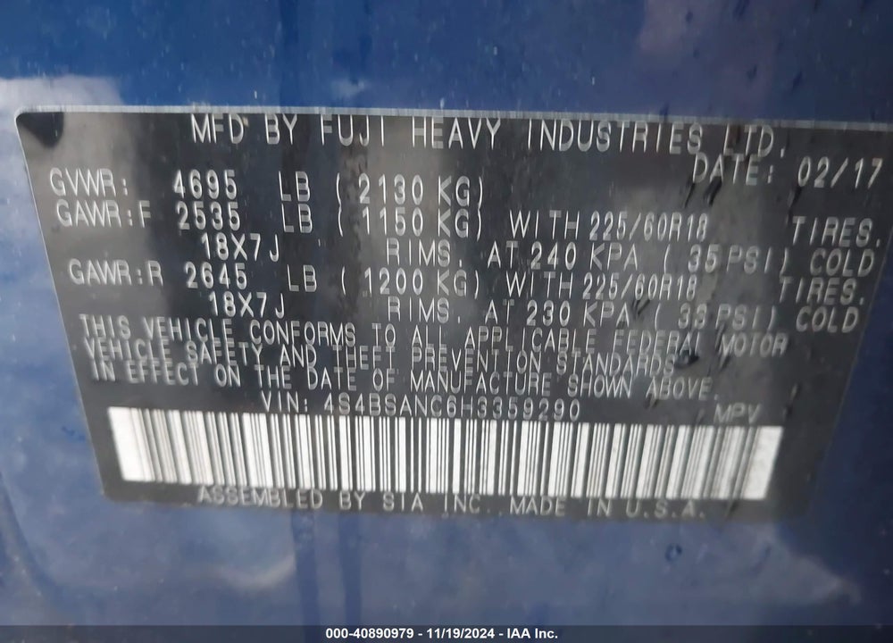 2017 SUBARU OUTBACK 2.5I LIMITED VIN: 4S4BSANC6H3359290