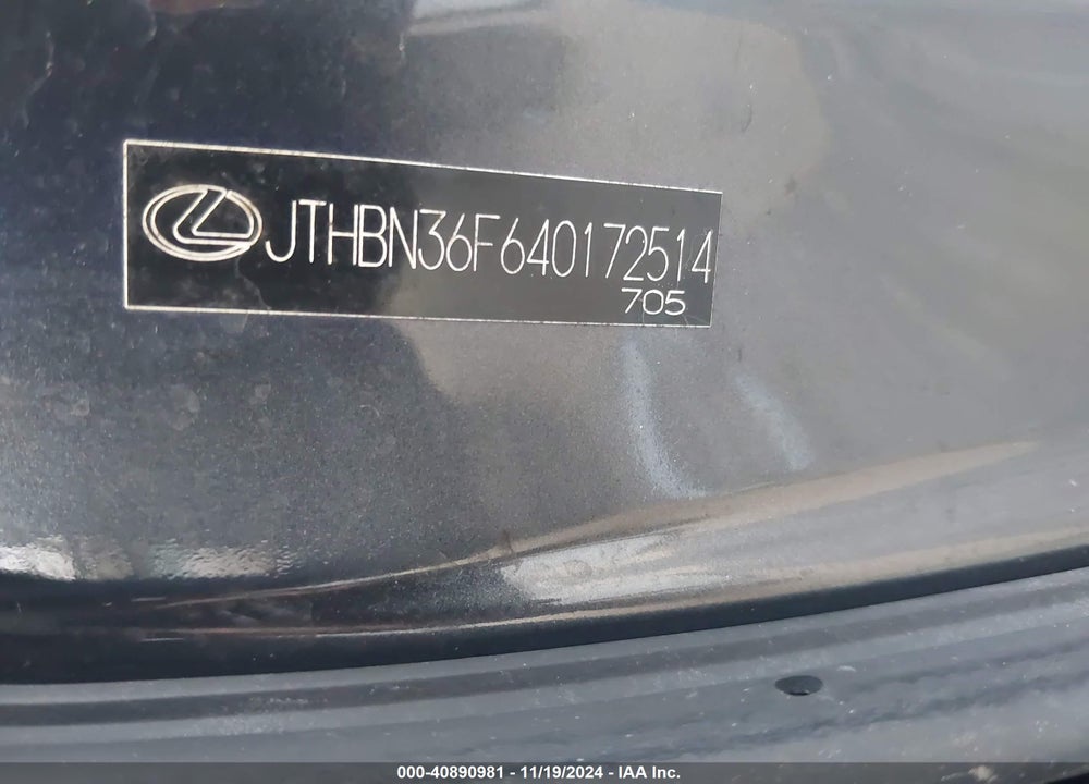 2004 LEXUS LS 430 VIN: JTHBN36F640172514