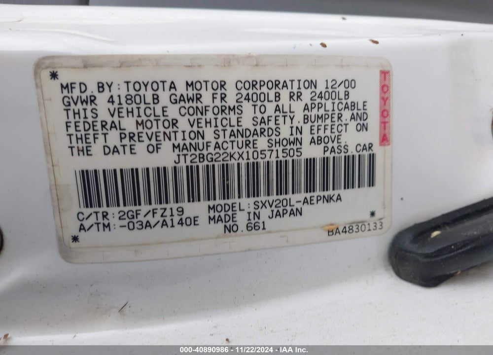 2001 TOYOTA CAMRY LE VIN: JT2BG22KX10571505