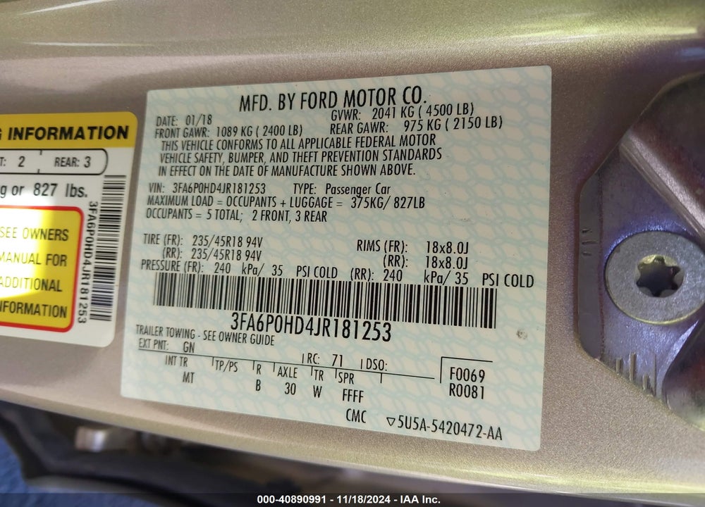 2018 FORD FUSION SE VIN: 3FA6P0HD4JR181253