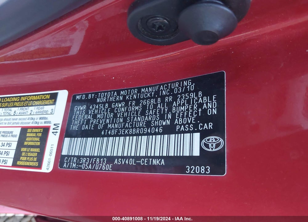 2011 TOYOTA CAMRY LE VIN: 4T4BF3EK8BR094046