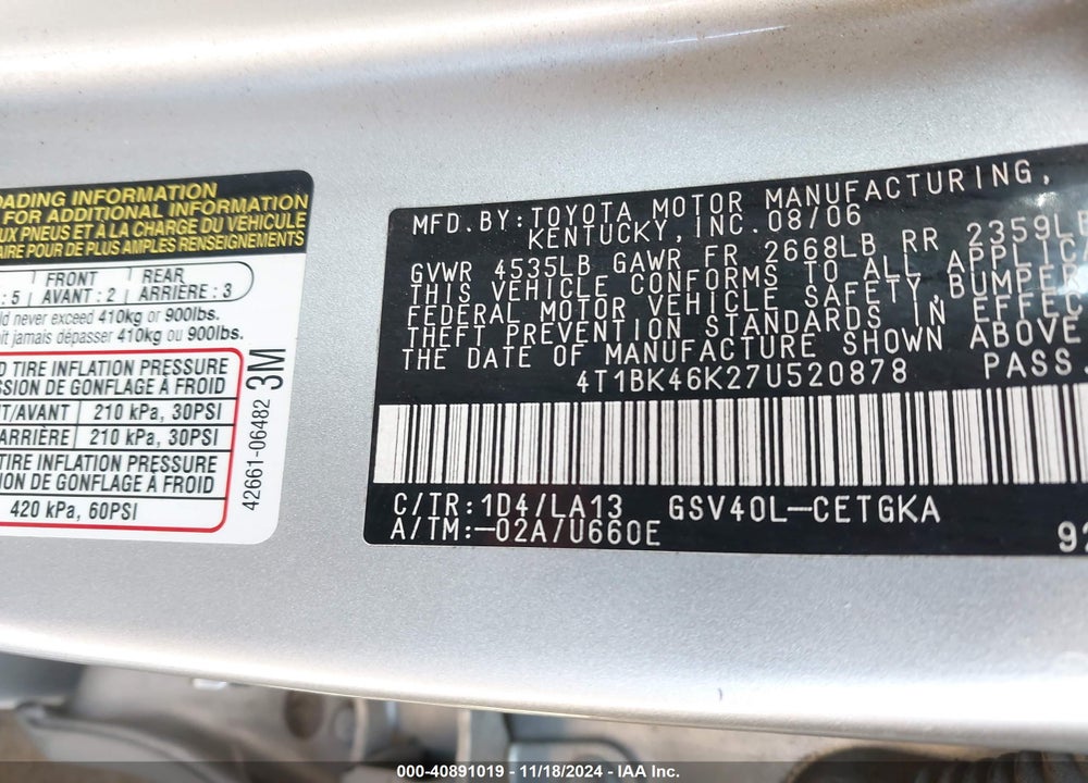 2007 TOYOTA CAMRY XLE V6 VIN: 4T1BK46K27U520878