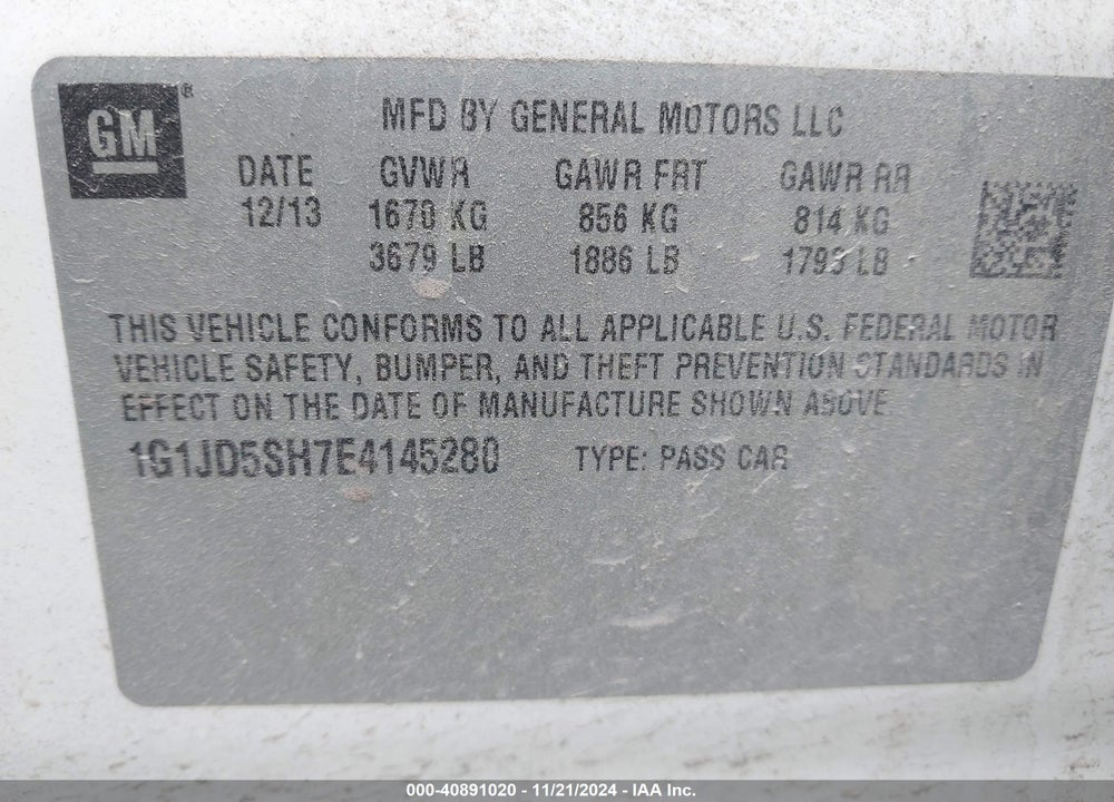 2014 CHEVROLET SONIC LT MANUAL VIN: 1G1JD5SH7E4145280