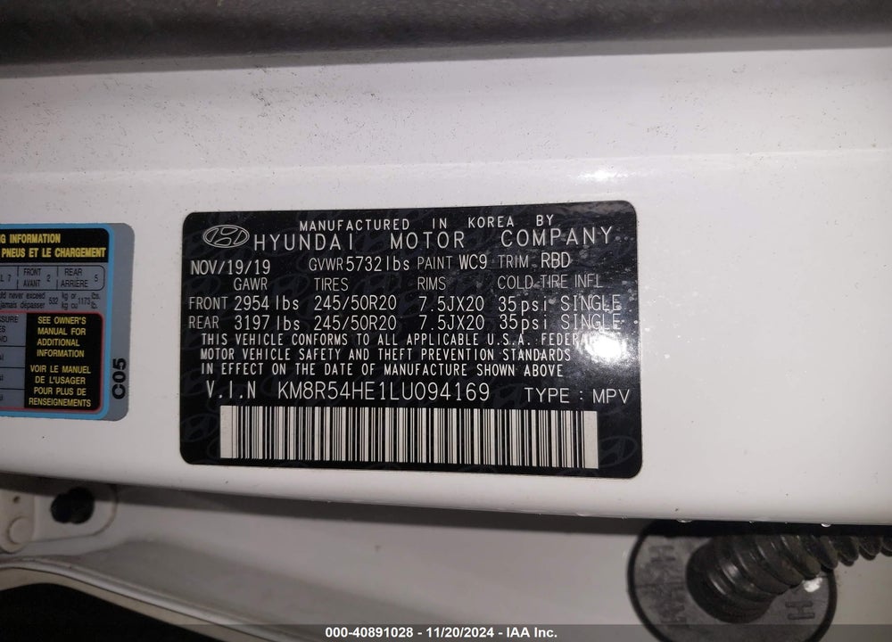 2020 HYUNDAI PALISADE VIN: KM8R54HE1LU094169