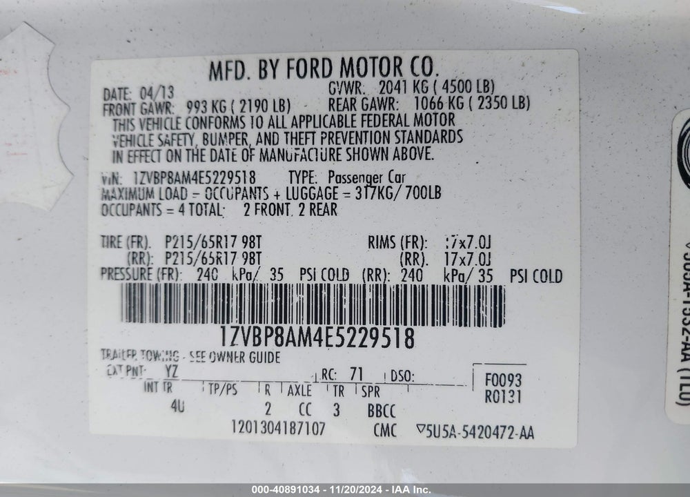 2014 FORD MUSTANG V6 PREMIUM VIN: 1ZVBP8AM4E5229518