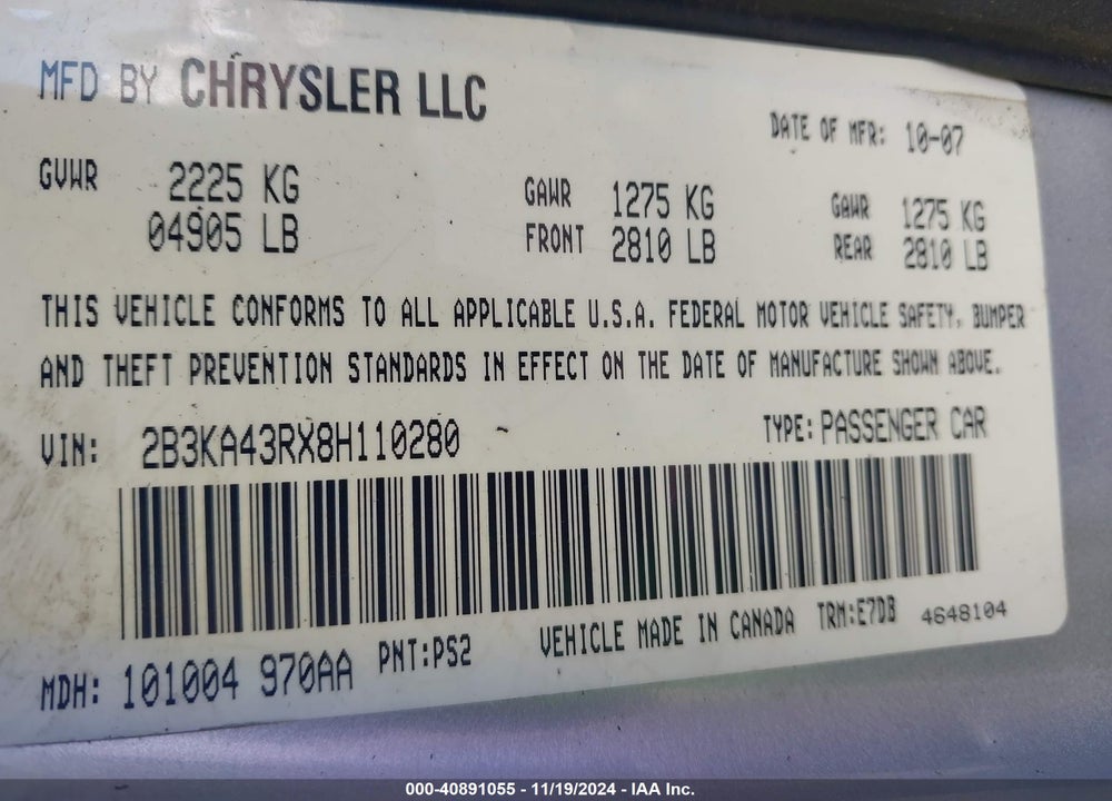 2008 DODGE CHARGER VIN: 2B3KA43RX8H110280