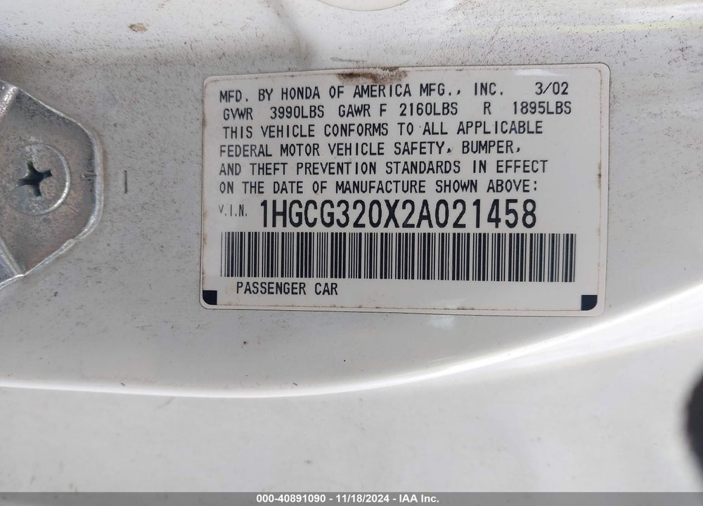2002 HONDA ACCORD 2.3 SE VIN: 1HGCG320X2A021458