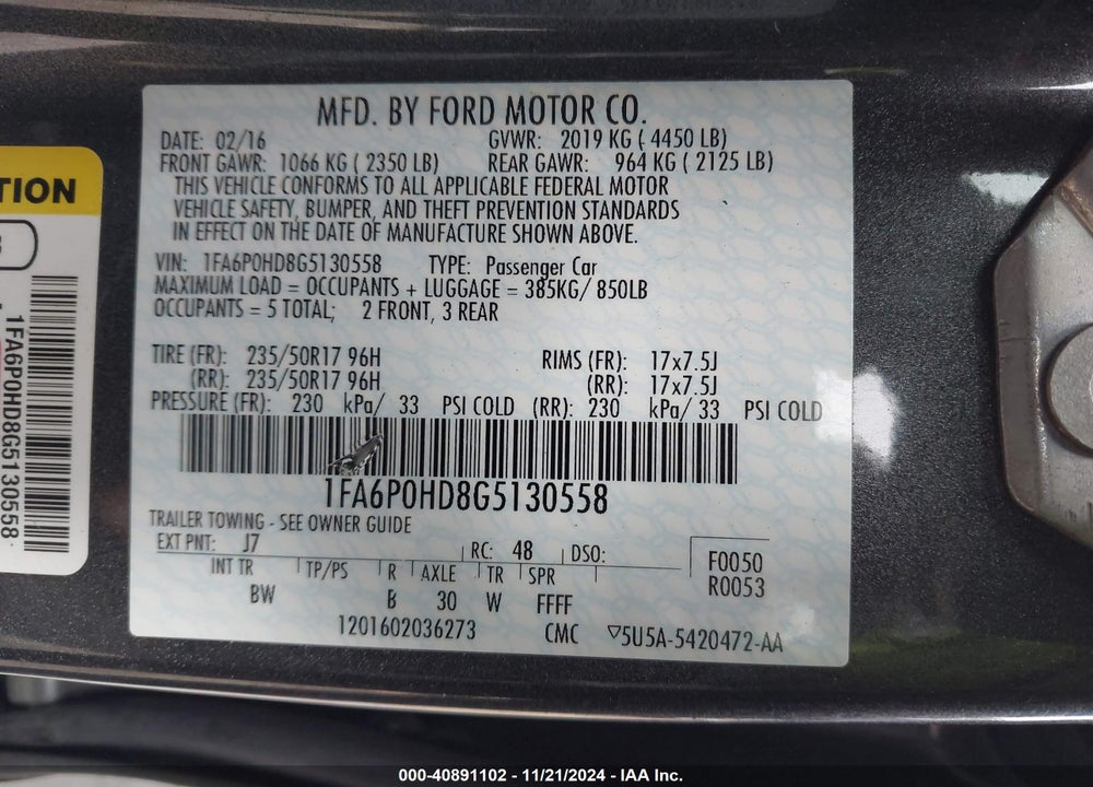 2016 FORD FUSION SE VIN: 1FA6P0HD8G5130558