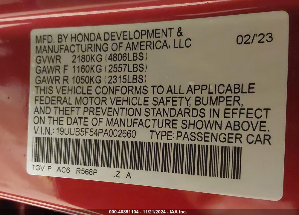 2023 ACURA TLX A-SPEC PACKAGE VIN: 19UUB5F54PA002660