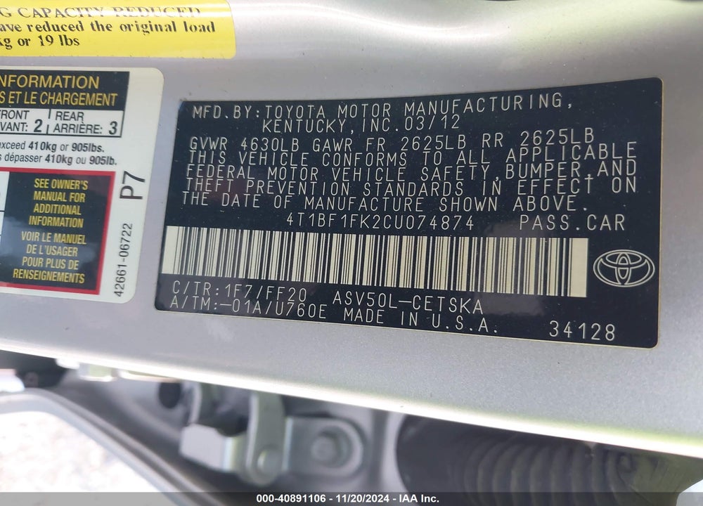 2012 TOYOTA CAMRY SE VIN: 4T1BF1FK2CU074874