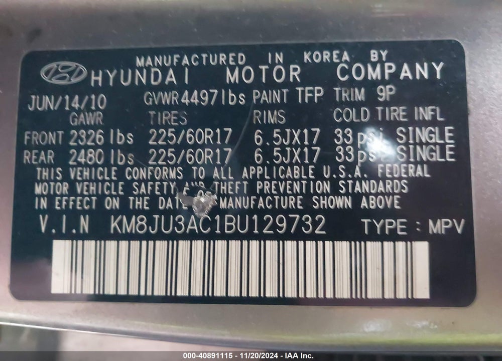 2011 HYUNDAI TUCSON GLS VIN: KM8JU3AC1BU129732
