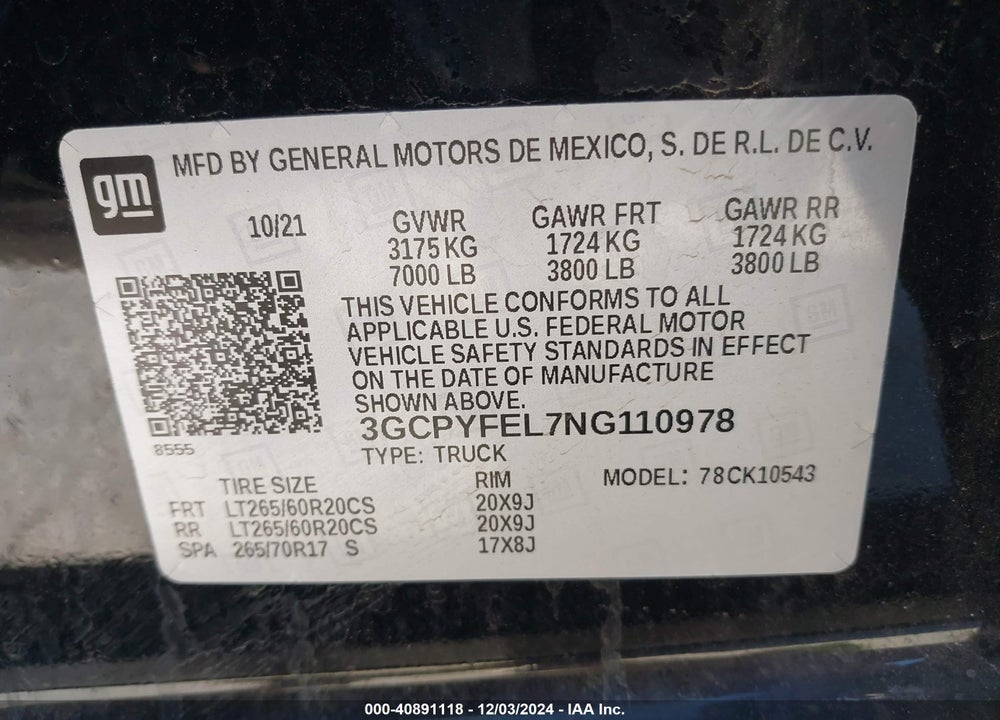 2022 CHEVROLET SILVERADO 1500 LTD 4WD SHORT BED LT TRAIL BOSS VIN: 3GCPYFEL7NG110978