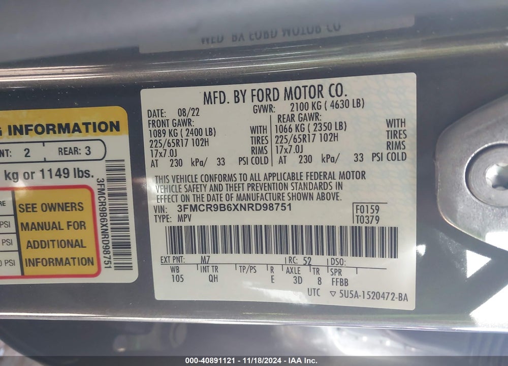 2022 FORD BRONCO SPORT VIN: 3FMCR9B6XNRD98751