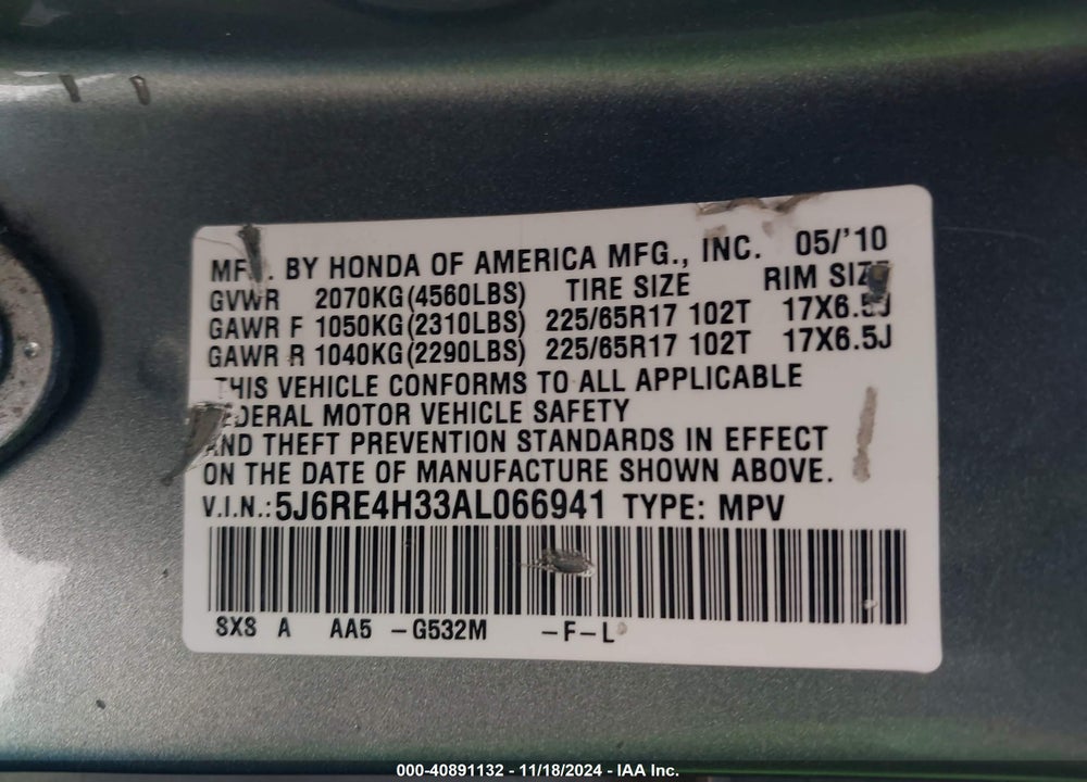 2010 HONDA CR-V LX VIN: 5J6RE4H33AL066941