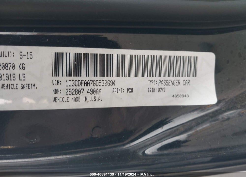 2016 DODGE DART SE VIN: 1C3CDFAA7GD530694