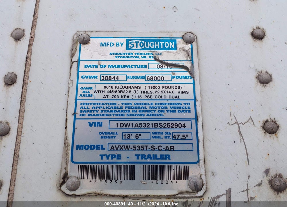 2011 STOUGHTON TRAILERS INC --- VIN: 1DW1A5321BS252904