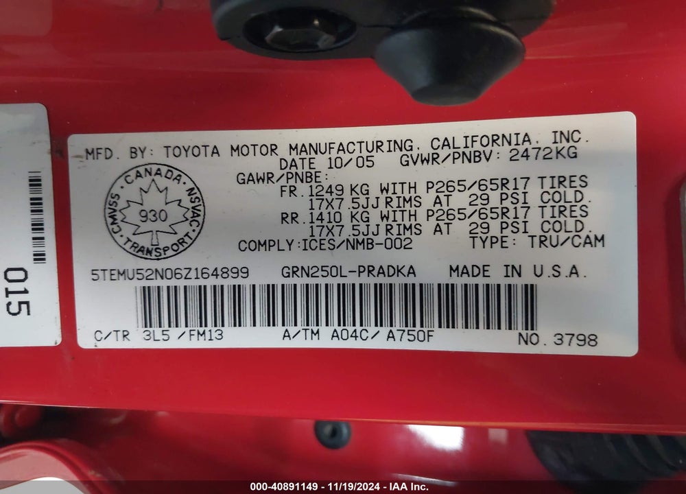 2006 TOYOTA TACOMA V6 VIN: 5TEMU52N06Z164899