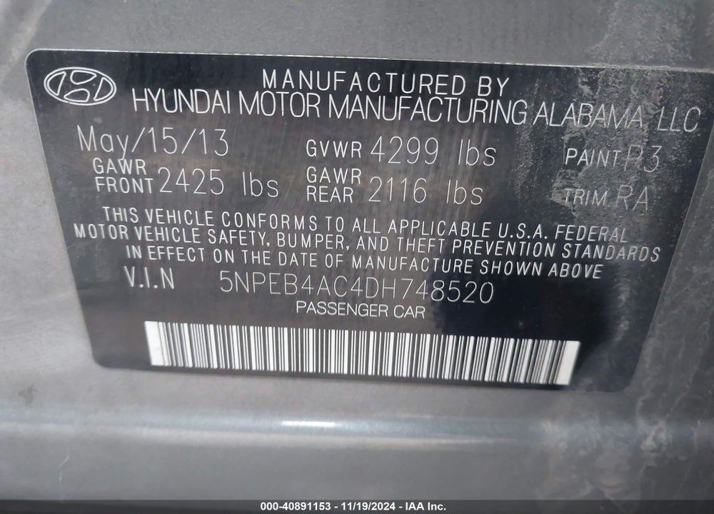 2013 HYUNDAI SONATA GLS VIN: 5NPEB4AC4DH748520