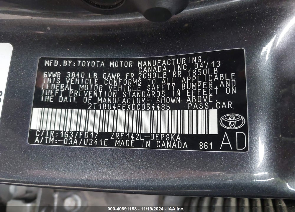 2013 TOYOTA COROLLA S VIN: 2T1BU4EEXDC064485
