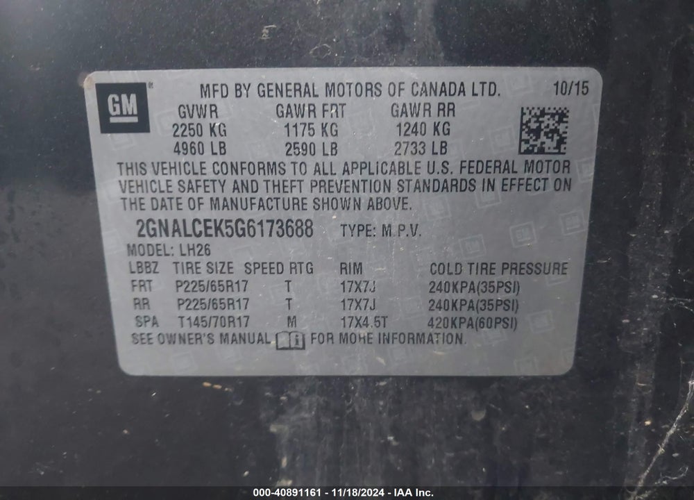 2016 CHEVROLET EQUINOX LT VIN: 2GNALCEK5G6173688