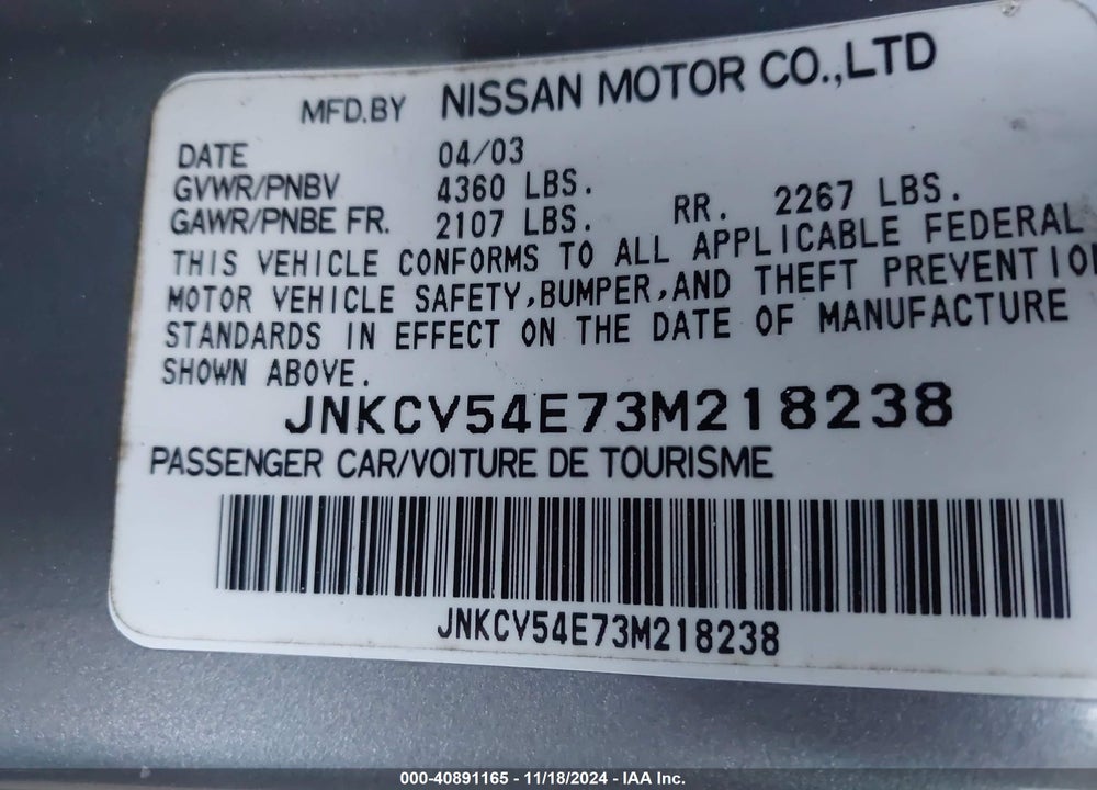 2003 INFINITI G35 BASE W/LEATHER VIN: JNKCV54E73M218238