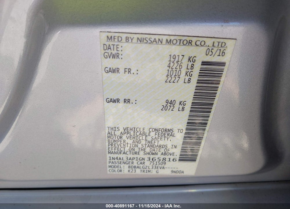 2016 NISSAN ALTIMA 2.5/2.5 S/2.5 SL/2.5 SR/2.5 SV VIN: 1N4AL3AP1GN365816