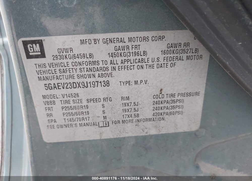 2009 BUICK ENCLAVE CXL VIN: 5GAEV23DX9J197138