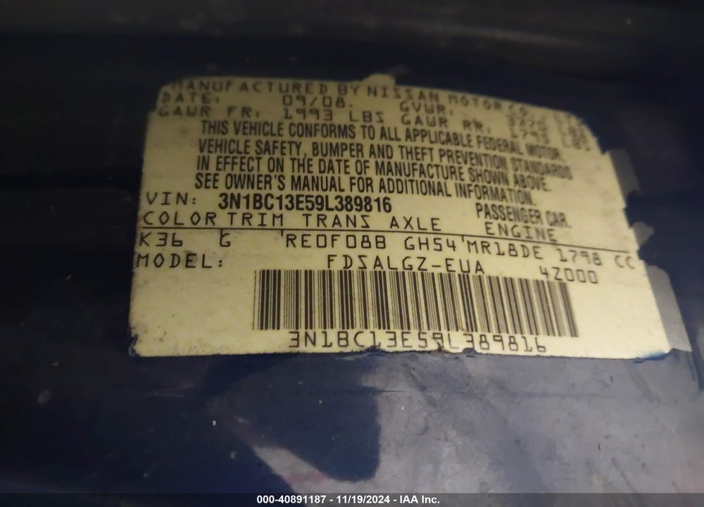 2009 NISSAN VERSA 1.8SL VIN: 3N1BC13E59L389816