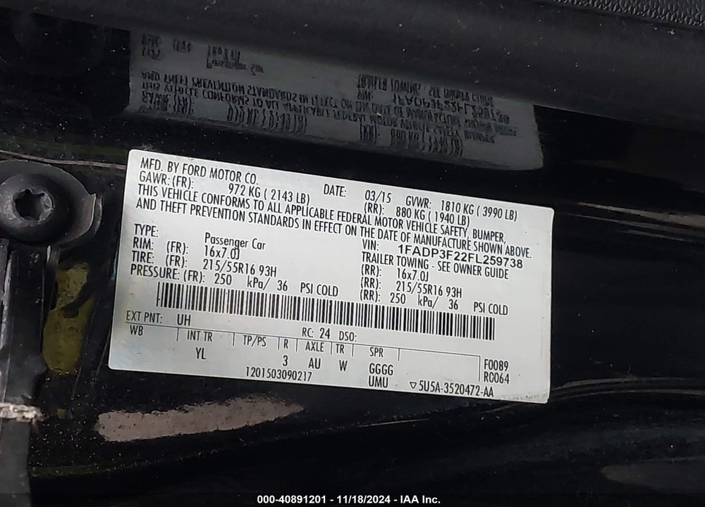 2015 FORD FOCUS SE VIN: 1FADP3F22FL259738