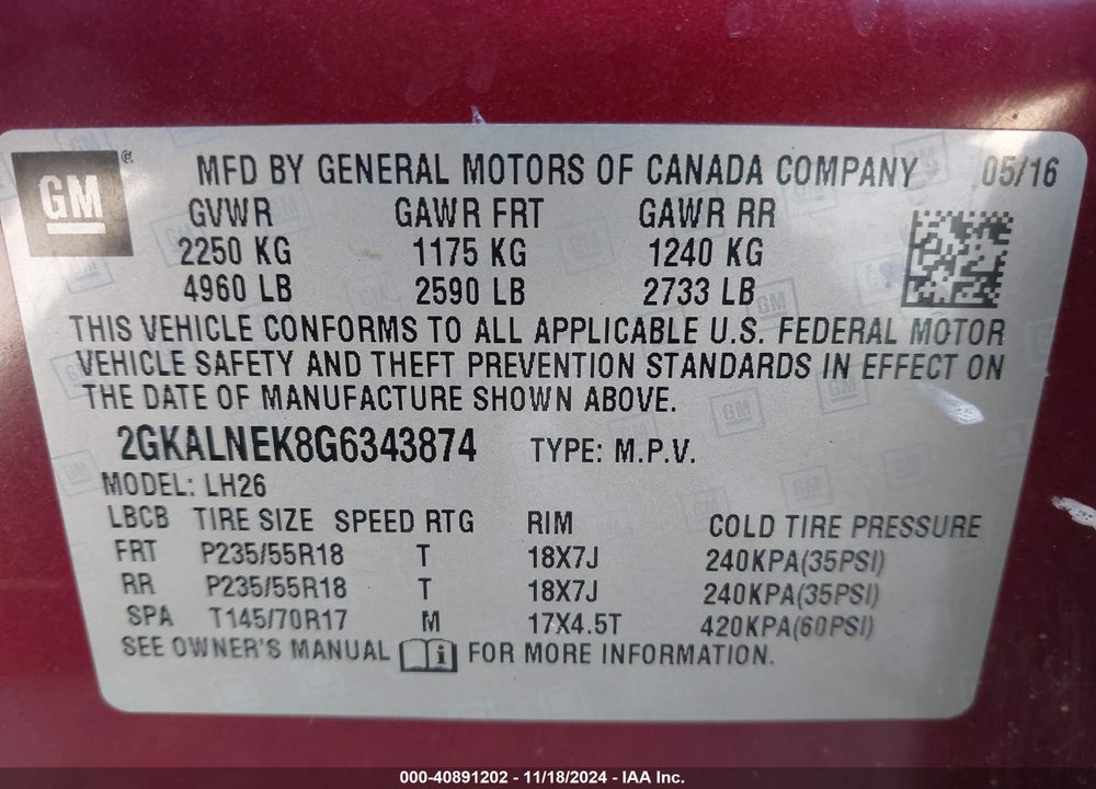 2016 GMC TERRAIN SLE-2 VIN: 2GKALNEK8G6343874