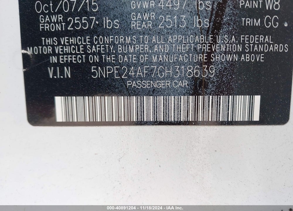 2016 HYUNDAI SONATA SE VIN: 5NPE24AF7GH318639