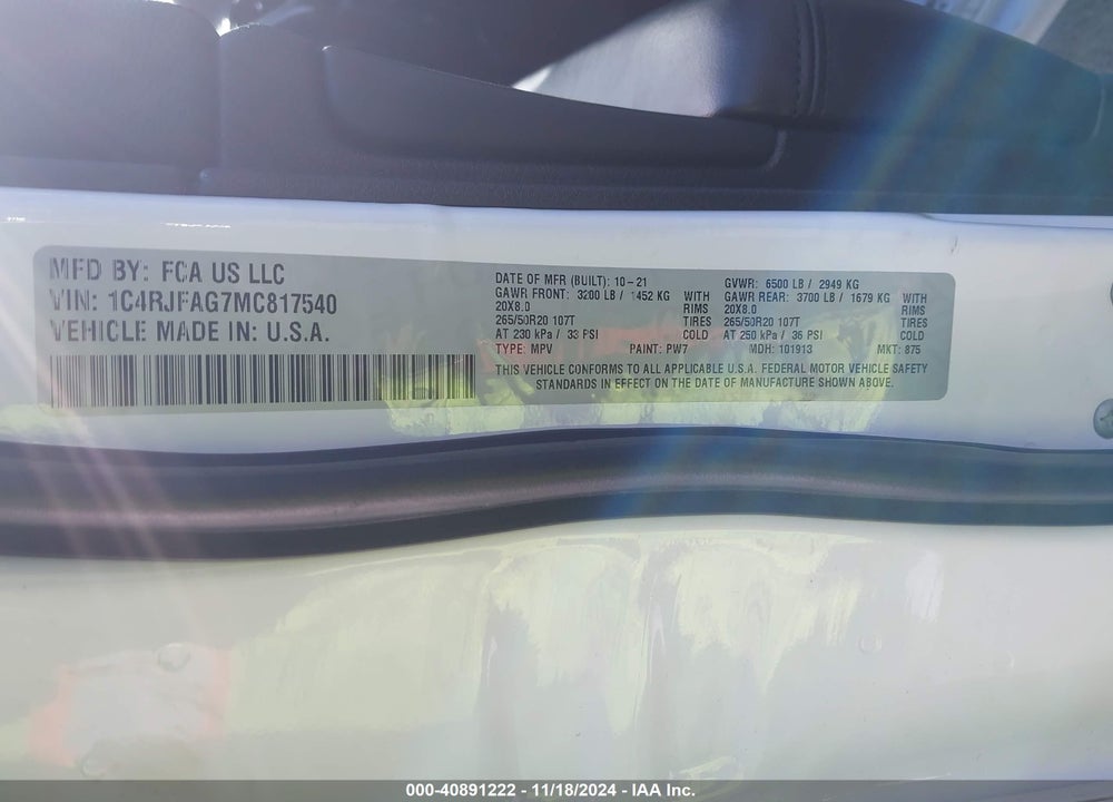2021 JEEP GRAND CHEROKEE LAREDO X 4X4 VIN: 1C4RJFAG7MC817540