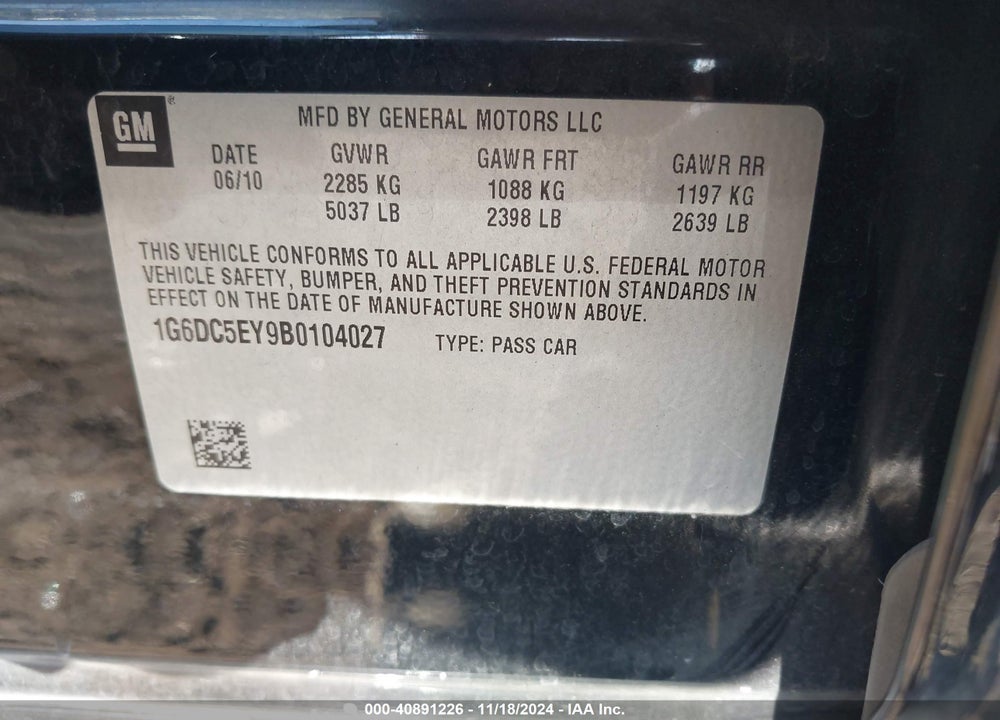 2011 CADILLAC CTS STANDARD VIN: 1G6DC5EY9B0104027