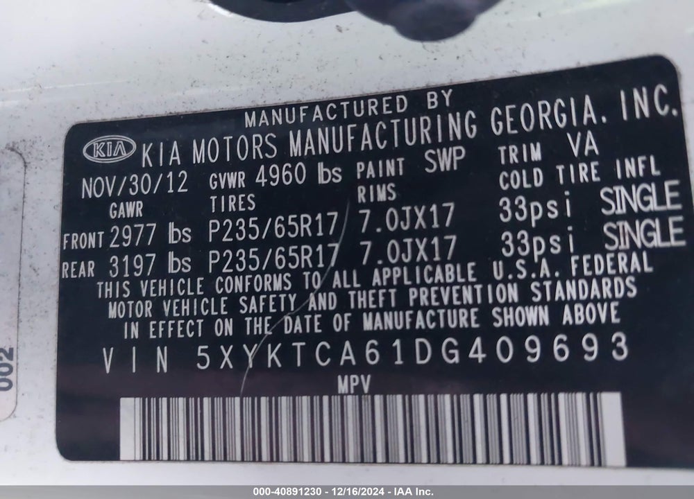 2013 KIA SORENTO LX VIN: 5XYKTCA61DG409693