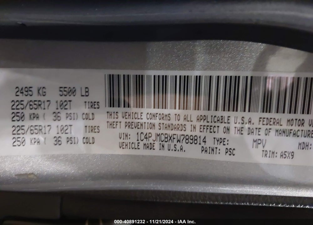 2015 JEEP CHEROKEE LATITUDE VIN: 1C4PJMCBXFW789814