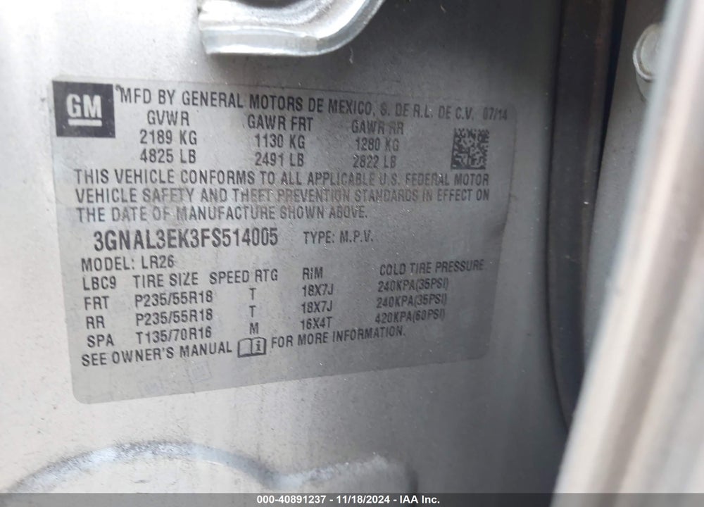 2015 CHEVROLET CAPTIVA SPORT LT VIN: 3GNAL3EK3FS514005